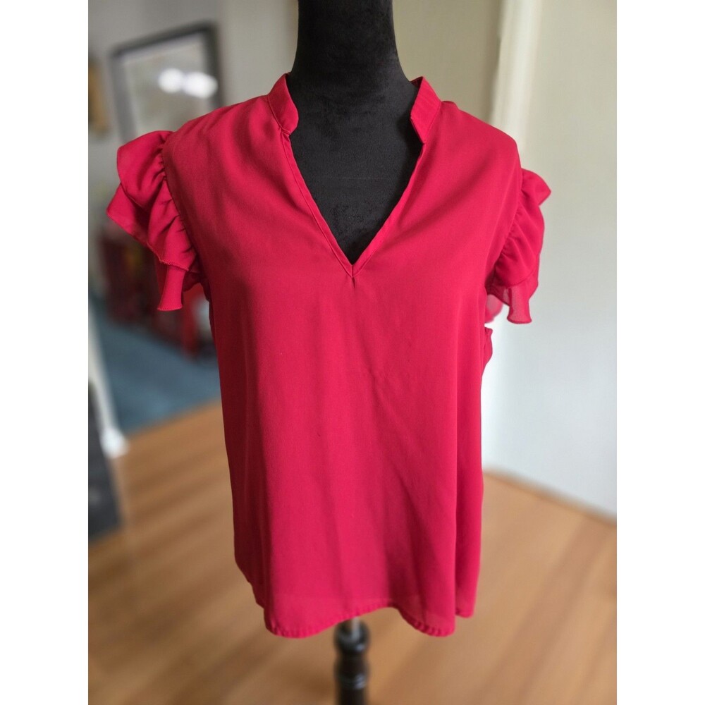 Red Ruffle Sleeve Womens Blouse
